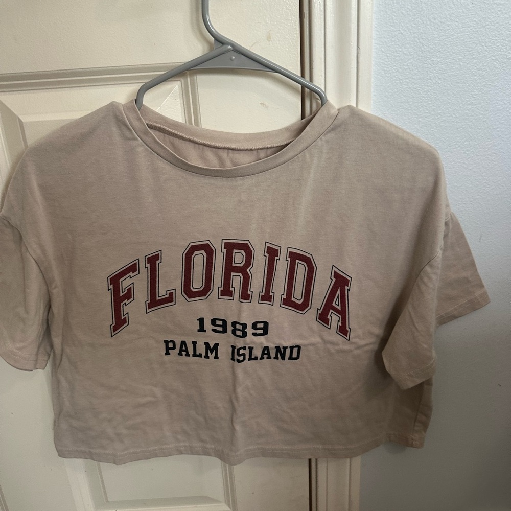SHEIN Beige Crop Top with Red and Black Print